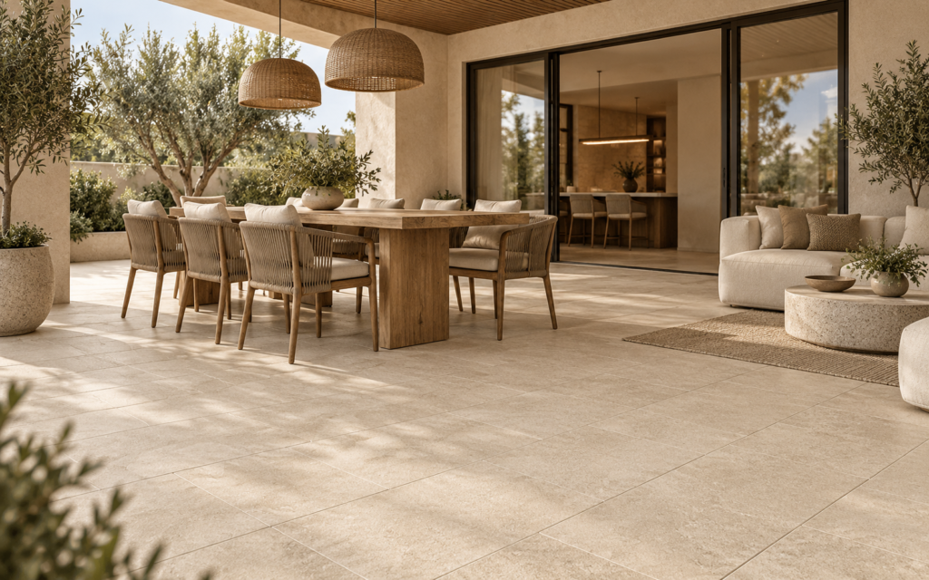 Luxury covered outdoor patio featuring Siena beige 20x40 porcelain pavers, modern wooden dining furniture, neutral lounge seating, and Mediterranean-inspired landscaping.