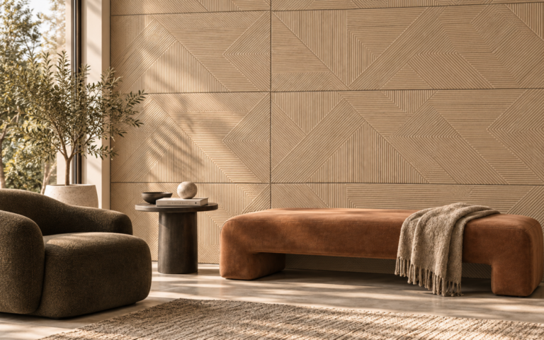 Modern living room featuring beige geometric textured wall tiles, warm neutral tones, contemporary furniture, and natural sunlight.